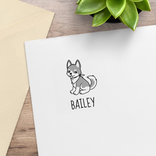 Gray and White Husky Puppy Dog Custom Name 1x1 Rubberstempel