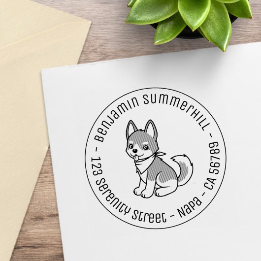 Gray and White Husky Puppy Dog Round Address Rubberstempel