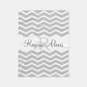 Gray and White Monogram Name Keepomwille Chevron Fleece Deken