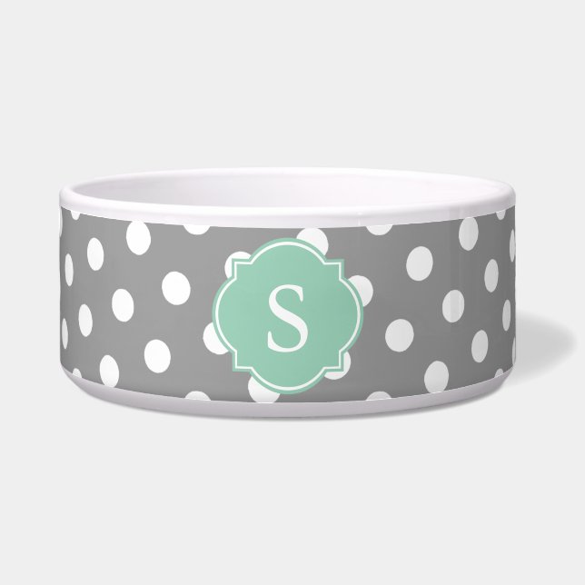 Gray and White Polka Dots Monogram Large Dog Bowl Voerbakje (Voorkant)