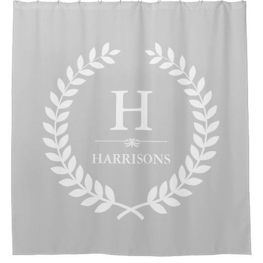 Gray and White Stylish Laurel Wreate Monogram Douchegordijn (Voorkant)