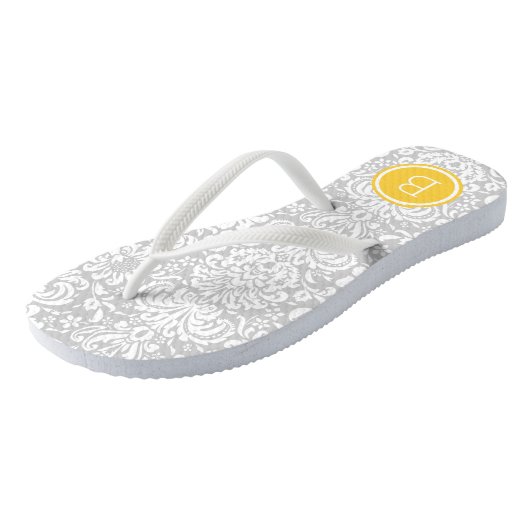 Gray and Yellow Floral Damask Monogram Teenslippers (Schuin)