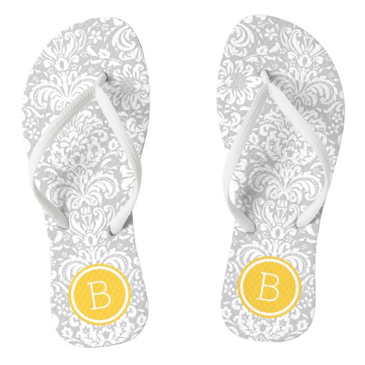 Gray and Yellow Floral Damask Monogram Teenslippers (Voetbed)