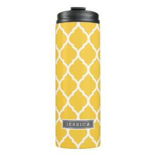 Gray and Yellow Moroccan Quatrefoil Monogram Thermosbeker