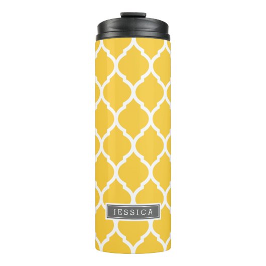 Gray and Yellow Moroccan Quatrefoil Monogram Thermosbeker (Voorkant)