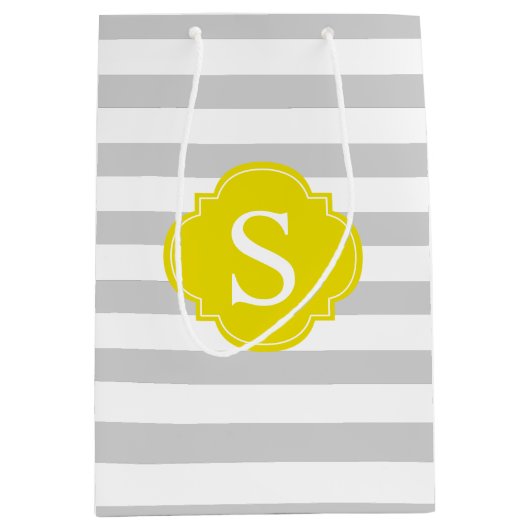 Gray and Yellow Stripes Pattern and Monogram Medium Cadeauzakje (Voorkant)