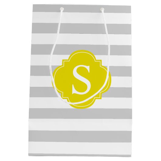 Gray and Yellow Stripes Pattern and Monogram Medium Cadeauzakje (Achterkant)