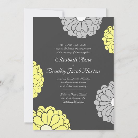 Gray and Yellow Zinnia Flower Wedding Invitation Kaart (Voorkant)