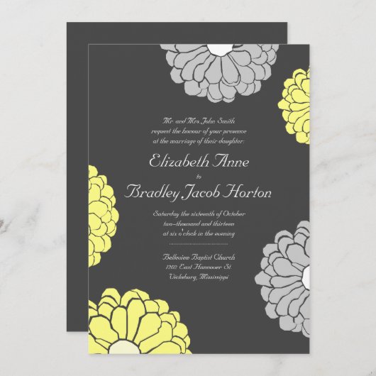 Gray and Yellow Zinnia Flower Wedding Invitation Kaart (Voorkant / Achterkant)