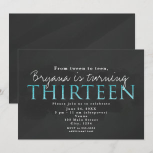 Gray & Aqua Blue 13th 13 Birthday Party Invitation Kaart