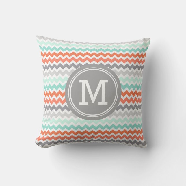 Gray Aqua Coral Chevron Monogram Decoratief Pillow Kussen (Voorkant)