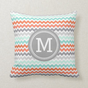 Gray Aqua Coral Chevron Monogram Decoratief Pillow Kussen