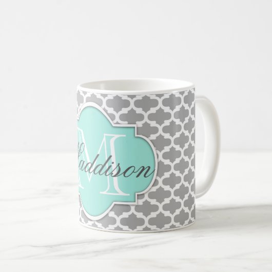 Gray Aqua Elegant Pattern Monogram Koffiemok (Voorkant rechts)