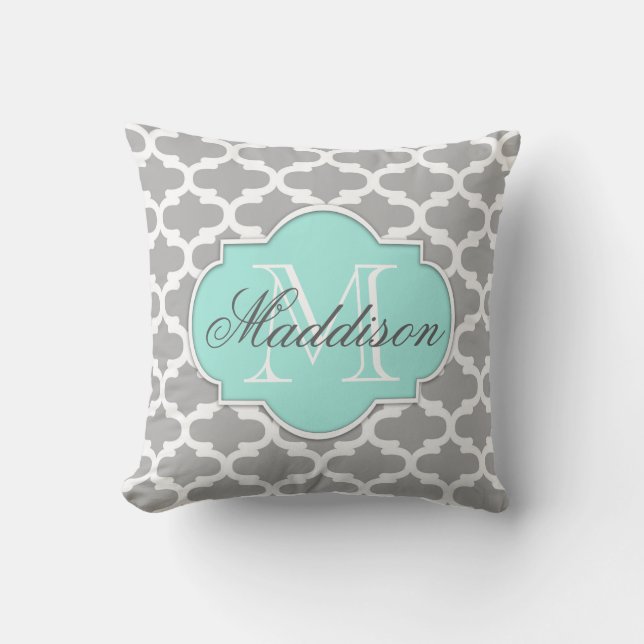 Gray Aqua Elegant Pattern Monogram Kussen (Voorkant)