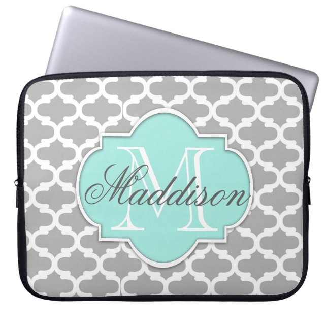 Gray Aqua Elegant Pattern Monogram Laptop Sleeve (Voorkant)