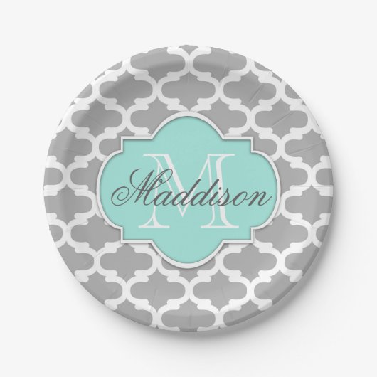 Gray Aqua Elegant Pattern Monogram Papieren Bordje (Voorkant)