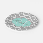 Gray Aqua Elegant Pattern Monogram Papieren Bordje (Gekanteld)