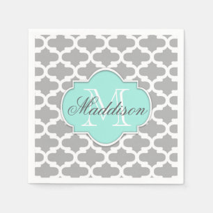 Gray Aqua Elegant Pattern Monogram Servet