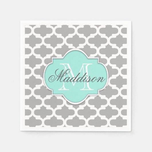 Gray Aqua Elegant Pattern Monogram Servet (Voorkant)