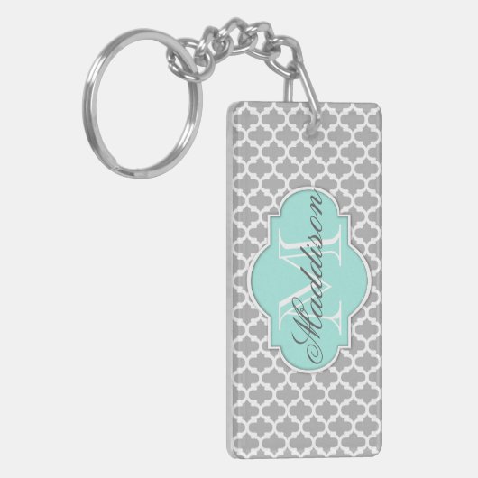 Gray Aqua Elegant Pattern Monogram Sleutelhanger (Voorkant Links)