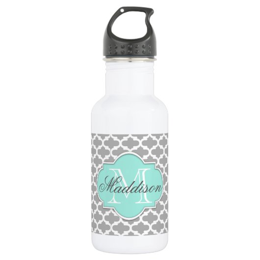 Gray Aqua Elegant Pattern Monogram Waterfles (Voorkant)