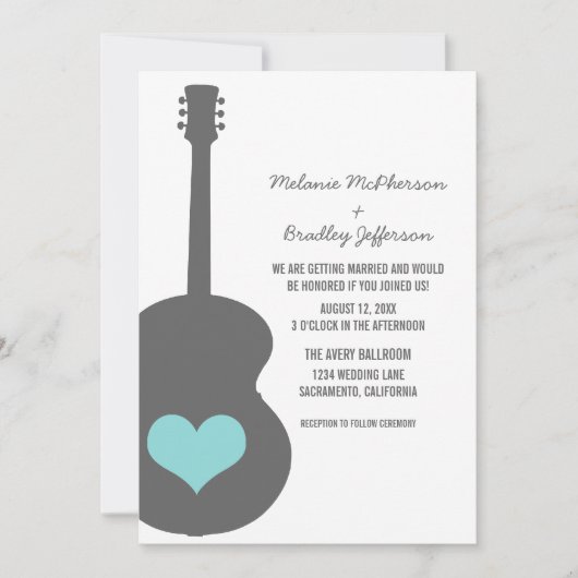 Gray/Aqua Guitar Heart Wedding Invite Kaart (Voorkant)
