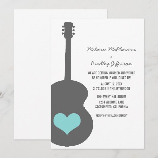 Gray/Aqua Guitar Heart Wedding Invite Kaart (Voorkant / Achterkant)