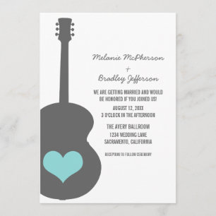 Gray/Aqua Guitar Heart Wedding Invite Kaart