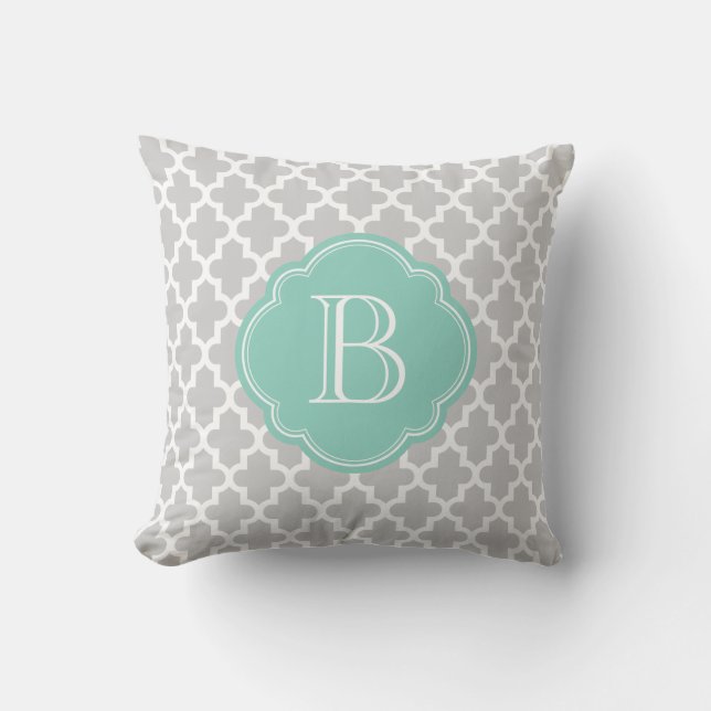 Gray & Aqua Modern Moroccan Custom Monogram Kussen (Voorkant)