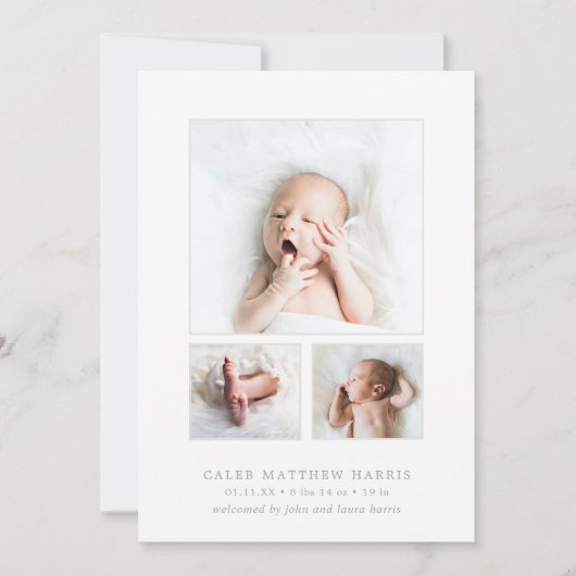 Gray Baby Boy Foto Collage Simple Birth Aankondiging (Voorkant)