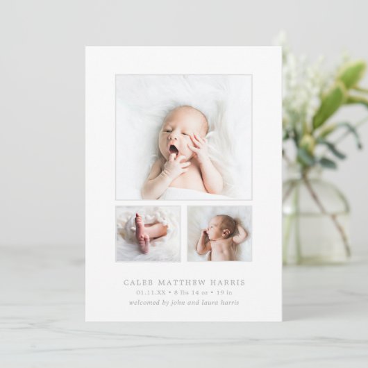 Gray Baby Boy Foto Collage Simple Birth Aankondiging (Staand voorkant)