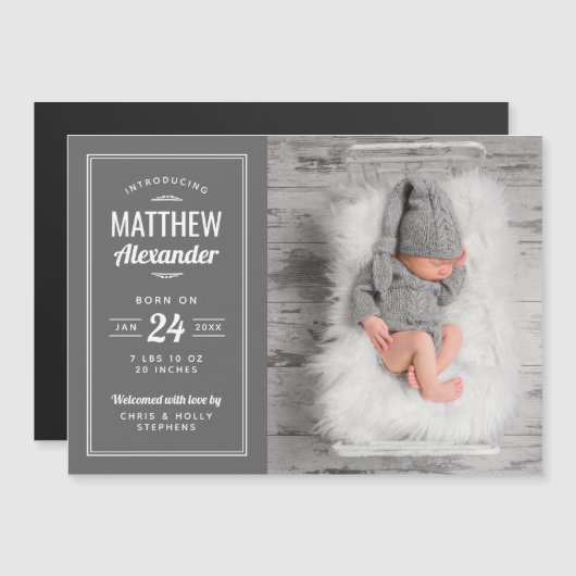 Gray Baby Boy Magnetic Photo Birth Announement (Voorkant / Achterkant)