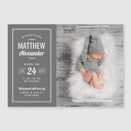Gray Baby Boy Magnetic Photo Birth Announement (Voorkant)