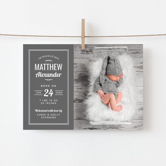 Gray Baby Boy Magnetic Photo Birth Announement