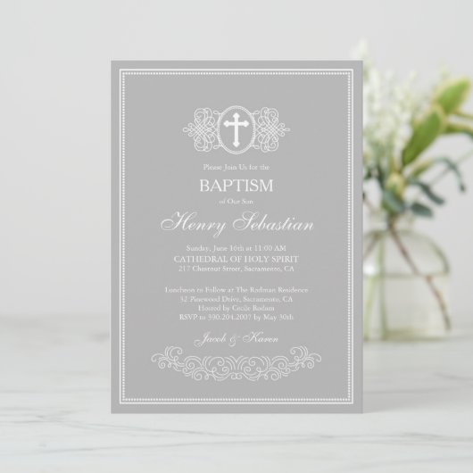Gray Baptism Invitation Kaart (Staand voorkant)