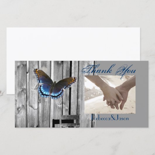 Gray Barn Wood BLue Butterfly Wedding Bedankkaart (Voorkant / Achterkant)