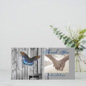 Gray Barn Wood BLue Butterfly Wedding Bedankkaart (Staand voorkant)