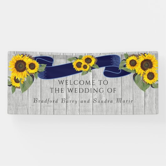 Gray Barn Wood Navy Blue Sunflower Rustic Wedding Spandoek (Horizontaal)