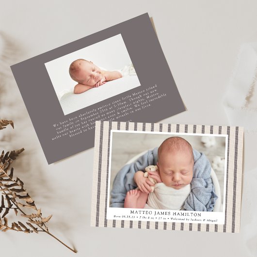 Gray & Beige Farmhouse Linen Stripes Foto Birth Aankondiging