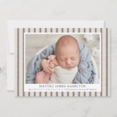 Gray & Beige Farmhouse Linen Stripes Foto Birth Aankondiging (Voorkant)