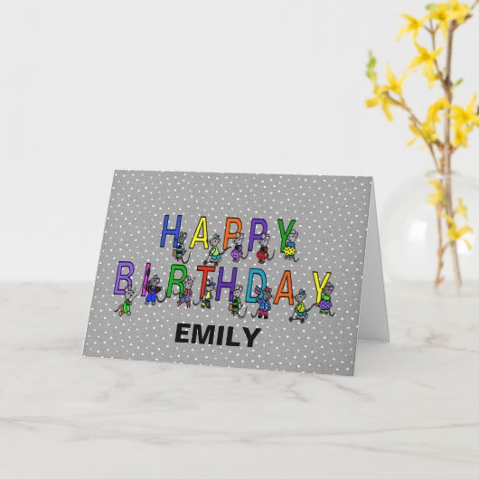 Gray Birthday Mice op Polka Dots Kaart (Gele Bloem)
