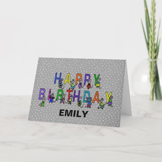 Gray Birthday Mice op Polka Dots Kaart (Voorkant)