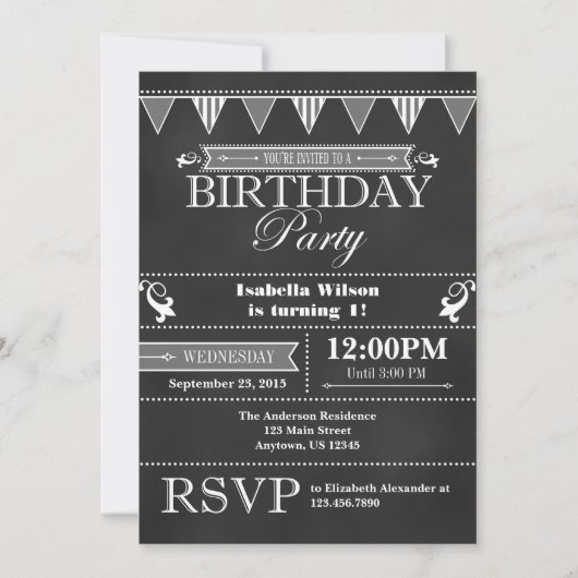 Gray Black Chalkboard Birthday Invitation Kaart (Voorkant)