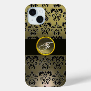 GRAY BLACK DAMASK GEM STONE MONOGRAM iPhone 15 CASE