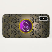GRAY BLACK DAMASK PAARS GEM MONOGRAM Case-Mate iPhone CASE (Achterkant (horizontaal))