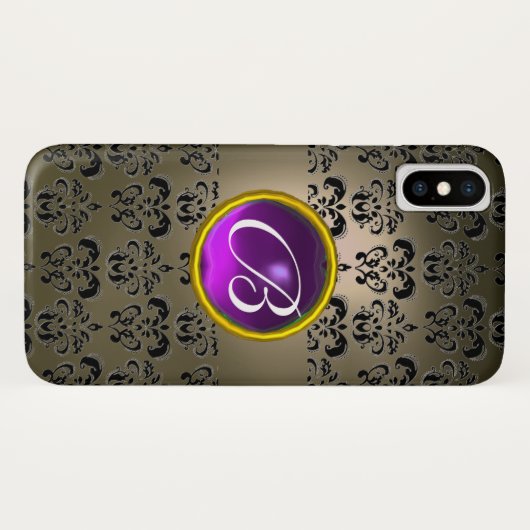 GRAY BLACK DAMASK PAARS GEM MONOGRAM Case-Mate iPhone CASE (Achterkant (horizontaal))