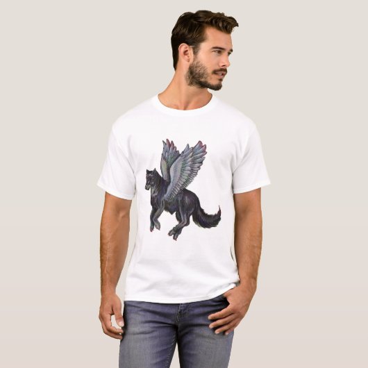 Gray Black Flying Wolven Canine WIngs Winged T-shirt (Voorkant volledig)