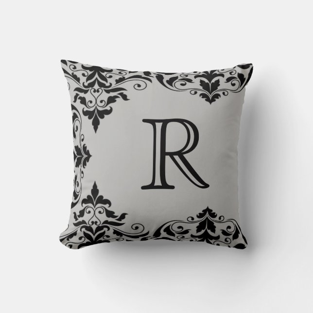 Gray & Black Monogram Damask Pillow Kussen (Voorkant)
