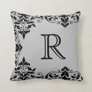 Gray & Black Monogram Damask Pillow Kussen