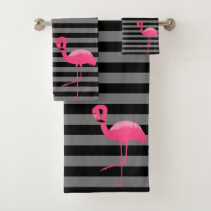 GRAY BLACK PINK STRIPE FLAMINGO BATHROOM TOWEL SET BAD HANDDOEK
